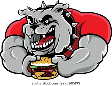 An Aggressive Bulldog Holding a Big Hamburger