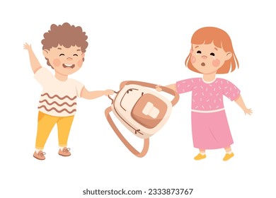 Aggressive bully boy taking away backpack from girl. Bad manners, conflict between kids, bullying, intimidation of weak cartoon vector illustration