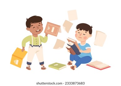 Aggressive bully boy throwing books of unhappy crying boy. Bad manners, conflict at school, bullying, intimidation of weak cartoon vector illustration