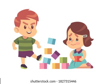 Aggressive bully kicking toys. Cartoon boy breaks toy cubes, unhappy crying girl children abuse behavior, bad manners kids conflict on playground. Flat vector illustration isolated on white background