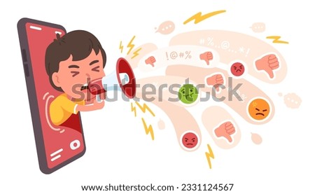 Aggressive bully kid shouting from mobile phone. Boy child person scream in megaphone abusive messages on cell screen. Cyber bullying, Internet harassment violence concept flat vector illustration