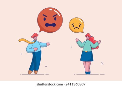 Aggressive business peoples. Abusive relations concept. Worker person aggression or yelling man and women couple arguing emotions. Modern flat vector.