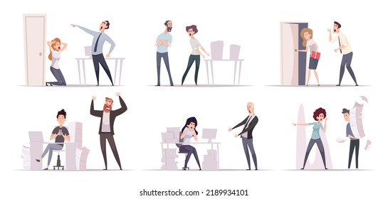 Aggressive businessman. Angry office managers screaming boss fires subordinates exact vector business people