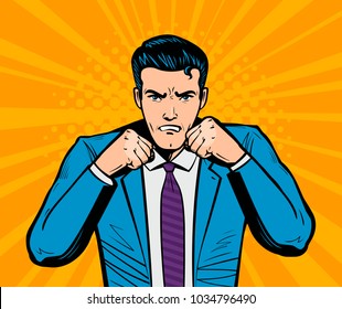 Aggressive businessman or super hero with fists. Business concept in pop art retro comic style. Cartoon vector illustration