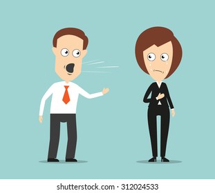 Aggressive businessman yelling at sad crying female colleague for business concept design. Cartoon flat style