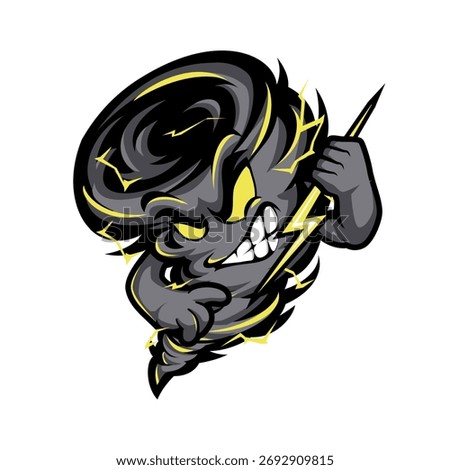 Aggressive cartoon tornado mascot with a menacing face holding a yellow lightning bolt. A powerful and fierce cyclone character vector illustration
