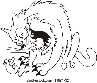 aggressive cat caught a mouse cartoon black and white vector illustration