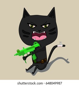 Aggressive cat is a terrorist with a gun. Cute black cartoon cat. Big mustache whisker. Funny character. Flat design. Isolated. Vector illustration