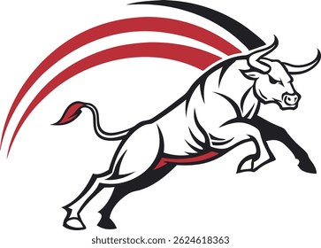 Logotipo agressivo do touro carregador com redemoinho vermelho dinâmico. Poderoso design de mascote para esportes ou negócios.