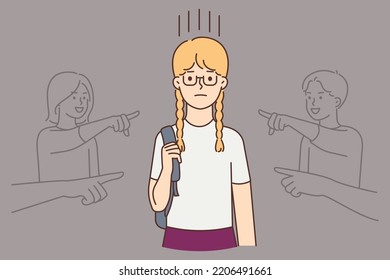 Aggressive children point at small girl laughing mocking her at school. Unhappy child suffer from bullying and harassment. Mockery concept. Vector illustration. 