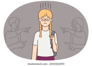 Aggressive children point at small girl laughing mocking her at school. Unhappy child suffer from bullying and harassment. Mockery concept. Vector illustration.