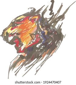 Aggressive colorful lion head in grunge style. Abstract watercolor lion head splashes isolated on a white background