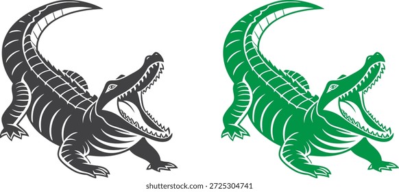 Ilustração agressiva do vetor de crocodilo em variações de cores verde e preto. Réptil poderoso com boca aberta, arte selvagem de animais predadores, design de arte de linha arrojada isolado no fundo branco.