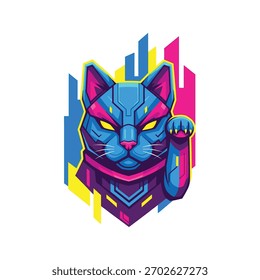 Aggressive Cyberpunk Cat Vector Mascot Illustration in Neon Colors