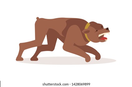 Aggressive Dangerous Dog Attack. Big Pooch Infected By Rabies Isolated On White Background. Flat Art Vector Illustration