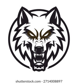Mascota agresiva de la cabeza del lobo oscuro en el marco del círculo