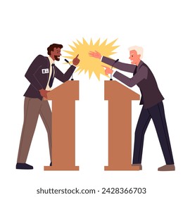 Aggressive debates of politicians standing behind podiums during election campaign. Disagreement, fight and different conflict arguments between two angry men opponents cartoon vector illustration