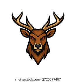 Mascota agresiva de cabeza de ciervo con ojos rojos. Ideal para clubes de caza, Equipos deportivos, logotipos de deportes electrónicos o marcas temáticas al aire libre. Ilustración vectorial.