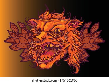 Aggressive demon beast head in colorful style vector illustration