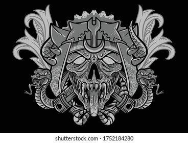 Aggressive demon beast head in monochromatic style vector illustration