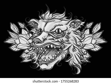 Aggressive demon beast head in monochromatic style vector illustration