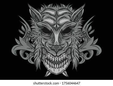 Aggressive demon beast head in monochromatic style vector illustration