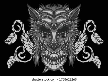 Aggressive demon beast head in monochromatic style vector illustration