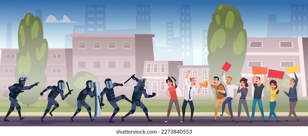 Aggressive demonstration. Police squad in uniform disperse the crowd exact vector background in cartoon style