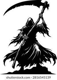 An aggressive and detailed silhouette of the Grim Reaper wielding a large scythe. This powerful visual is great for dark fantasy themes or horror artwork.