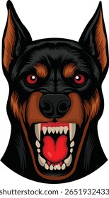 Agressivo Doberman cão cabeça vetor - Guarda feroz cão mascote com olhos vermelhos, dentes afiados, irritado expressão - Ilustração EPS isolada