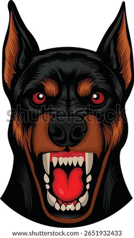 Aggressive Doberman Dog Head Vector – Fierce Guard Dog Mascot with Red Eyes, Sharp Teeth, Angry Expression – Isolated EPS Illustration