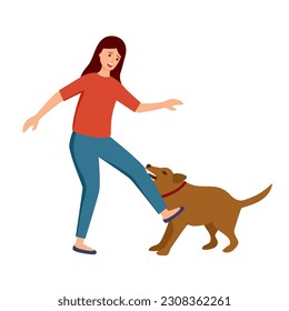 Aggressive dog biting girl in flat design on white background.