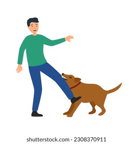 Hombre agresivo mordiendo perro en diseño plano sobre fondo blanco.