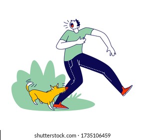 Aggressive Dog Biting Man Leg. Male Character Attacked with Angry Animal on Street Crying and Feel Pain. Social Problem of Mad Homeless Pets. Guardian Dog Protect Home. Linear Vector Illustration