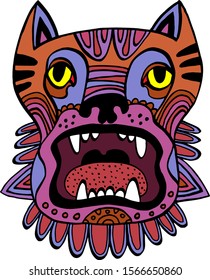 Aggressive dog face line art. Tribal ethnic totem. Hand drawn artwork in graphic style, colorful vector illustration. Perfect for tattoo design or logo.