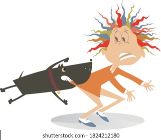 Aggressive dog and frightened woman illustration. Aggressive dog grabs the frightened young woman by the dress isolated on white
