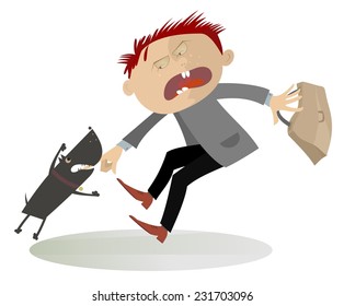 Aggressive dog grabs the man by the finger