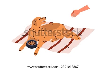 Aggressive dog growling at owners hand, protecting food, feed bowl. Doggy aggression, canine animal psychology problem, bad behavior, reaction. Flat vector illustration isolated on white background