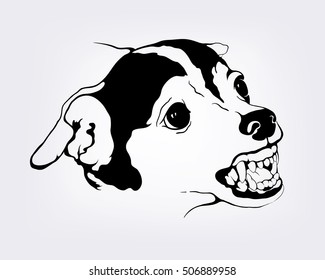 Aggressive dog isolated on white background. Black and white silhouette of an animal's head. Decorative graphic drawing. Hand drawn stylized sketch for tattoo or print. Vector illustration (eps10)