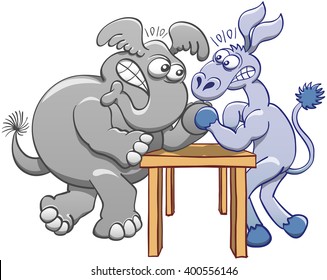 Aggressive donkey and elephant posing their elbows on a small table, staring at each other, clenching their teeth and confronting their strength by practicing arm wrestling