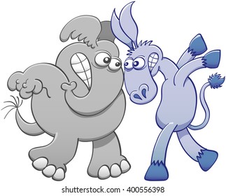 Aggressive donkey and elephant staring at each other, clenching their teeth, defying and confronting face-to-face in an aggressive attitude