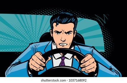 Aggressive driver behind the wheel of car. Race, pursuit in pop art retro comic style. Cartoon vector illustration