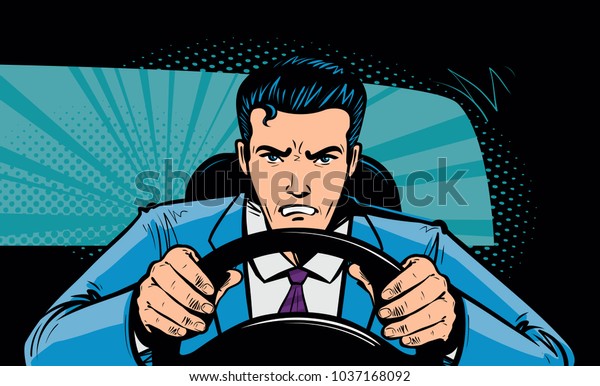Aggressive\
driver behind the wheel of car. Race, pursuit in pop art retro\
comic style. Cartoon vector\
illustration