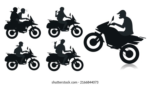 Aggressive driver riding motorcycle and confident woman riding motorbike Silhouettes premium vector