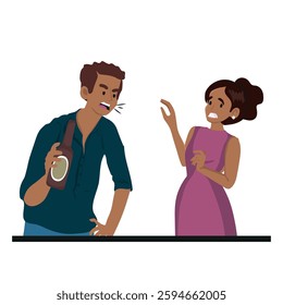 aggressive drunk man, woman scared by the screams of an alcoholic husband. vector illustration.