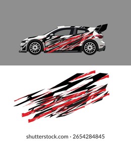 Diseño agresivo y dinámico de la decoración de la etiqueta del coche en tonos rojos, negros y blancos. Perfecto para coches de carreras, vehículos de rally,