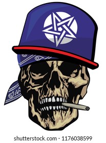 
aggressive emblem, skull with cigarette and bandana , grunge vintage design t shirts

