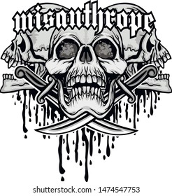 aggressive emblem with skull and dagger, grunge vintage design t shirts