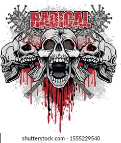 aggressive emblem with skull, grunge vintage design t shirts