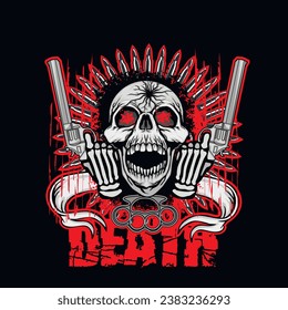 
emblema agresivo con cráneo y pistolas (imagen vectorial dibujada a mano), camisetas de diseño vintage de color gris